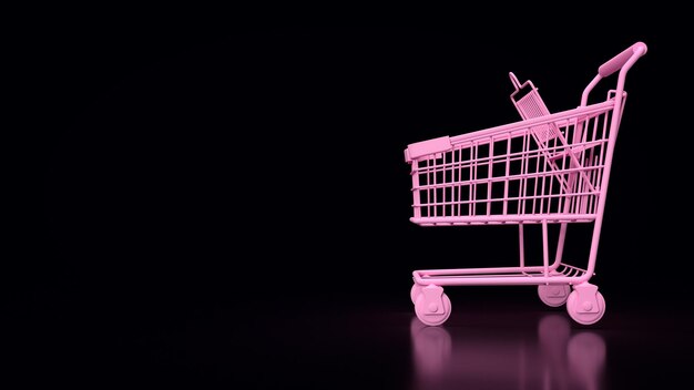 El carrito de compras rosa sobre fondo negro 3d renderizado