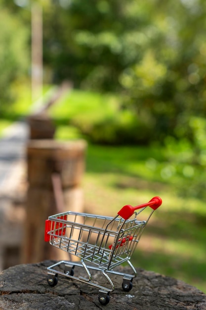 Foto carrito de compras de supermercado con fondo natural verde desenfocado