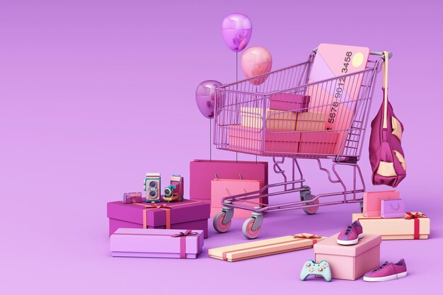 El carrito de compras del supermercado rodeado por una caja de regalos con tarjeta de crédito en fondo púrpura renderización 3D