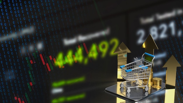 El carrito de compras en la tableta para el concepto de negocio renderización 3D