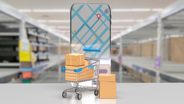 El carrito de compras y el teléfono móvil para el concepto de mercado en línea renderización 3D