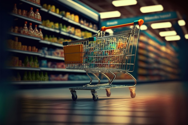 Un carrito de compras en una tienda de comestibles con muchos productos al fondo.