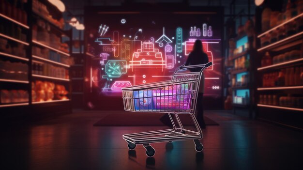 un carrito de compras turboalimentado acelerando por un pasillo virtual de una tienda de comestibles en línea Este visual debe capturar la esencia de la experiencia de compras en línea de comestible de alta velocidad