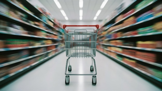 Foto carrito de compras vacío con borrón abstracto pasillo de la tienda de descuento del supermercado y estantes de productos interio