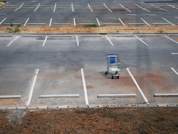 Un carrito de compras vacío en el estacionamiento vacío de una tienda minorista