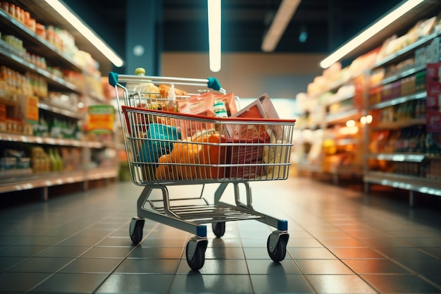 El carrito de compras vacío en el fondo del supermercado