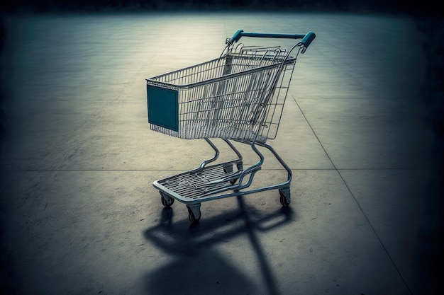 Carrito de compras vacío parado en el piso de piedra de un gran supermercado