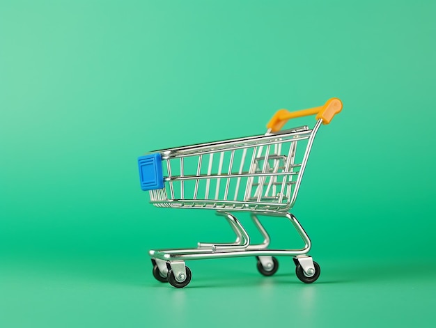 Carrito de compras vacío sobre un fondo verde brillante no hay ningún artículo en el carrito de compras haga clic para ir a comprar ahora concepto