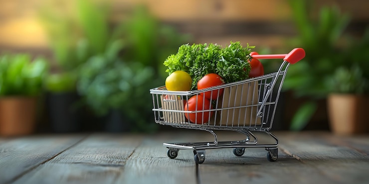 un carrito de compras con verduras y un carrito con una canasta de verduras en él
