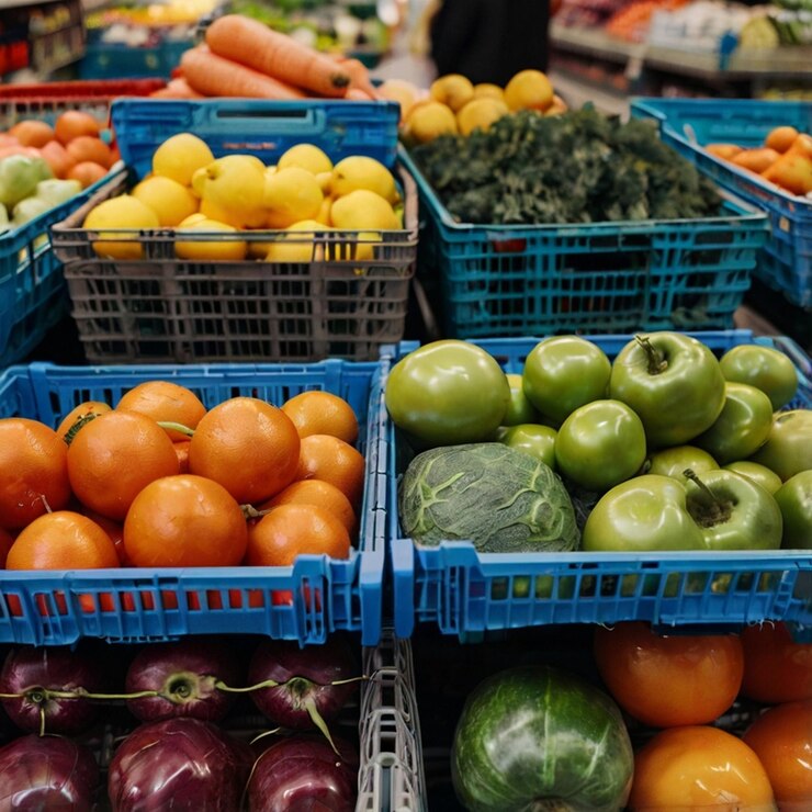 carrito de compras con verduras y frutas orgánicas y frescas en el supermercado