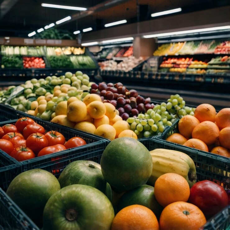 carrito de compras con verduras y frutas orgánicas y frescas en el supermercado
