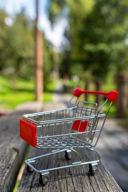 Foto carrito de compras con fondo de naturaleza desenfocado