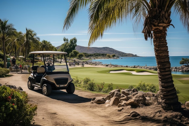 El carrito de golf en el campo de golf del complejo hermoso campo de golf