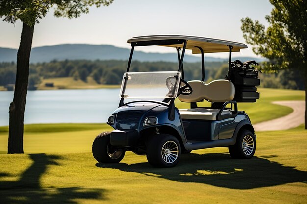 Foto carrito de golf en un campo de golf verde y expansivo