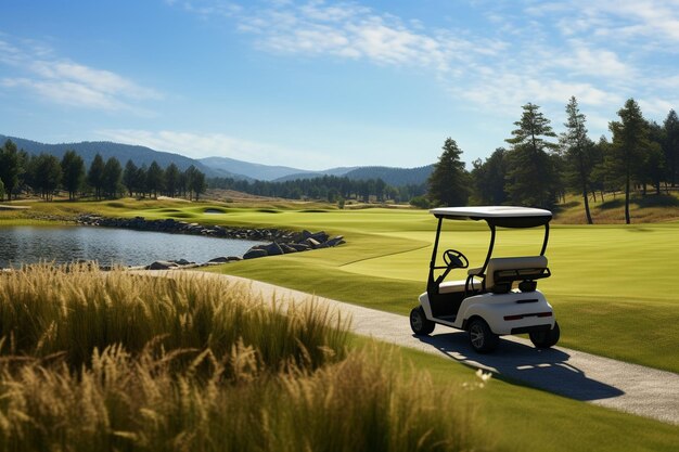 Foto el carrito de golf estacionado en una caja de tee panorámica con vistas a generative ai