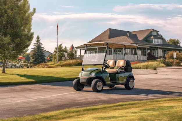 El carrito de golf estacionado cerca de la casa del club con el campo en el fondo creado con AI generativo