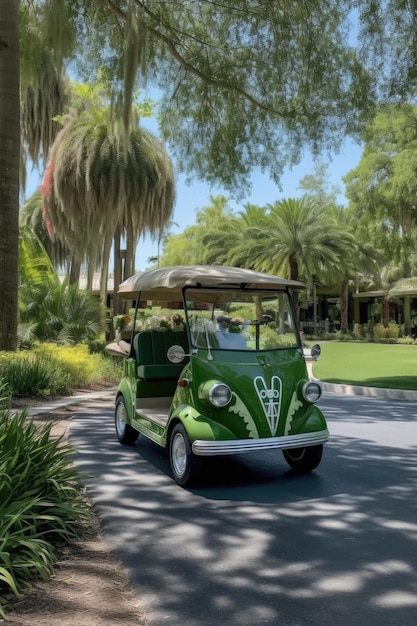 Un carrito de golf estacionado cerca de un hermoso putting green creado con inteligencia artificial generativa