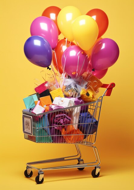 Carrito lleno de bolsas de compras globos y regalos en colores vibrantes Orientación vertical