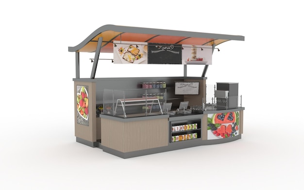 carrito de mercado de stand de quiosco de ilustración 3d para vender productos alimentos bebidas