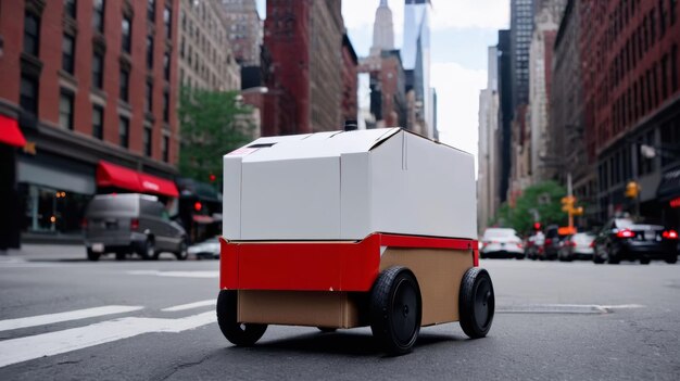 Foto carrito rojo y blanco conduciendo por la calle de la ciudad