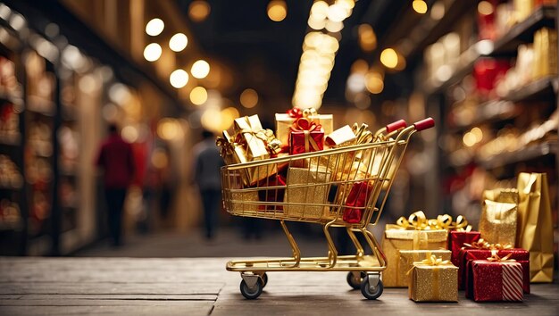 Un carrito de supermercado con cajas doradas y rojas de regalos de Navidad y Año Nuevo
