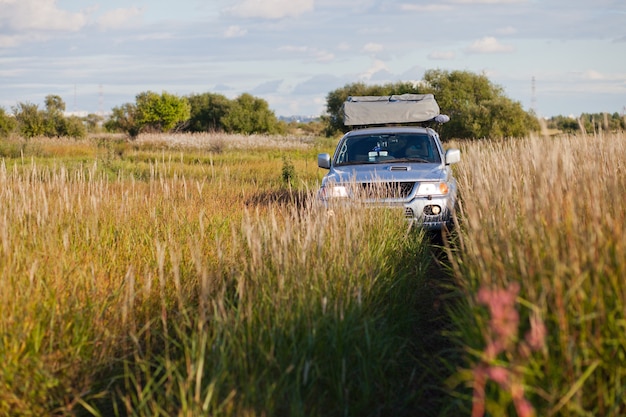 Carro 4x4 em um prado com grama alta no outono