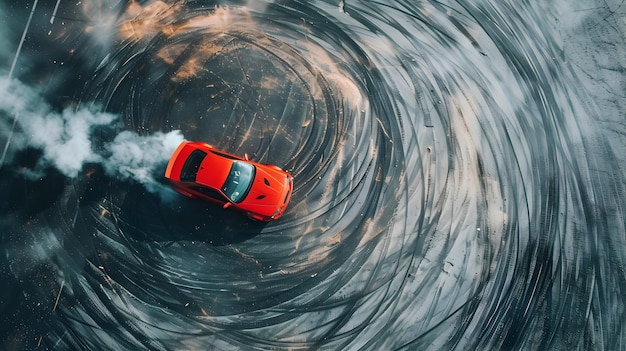 Carro à deriva em ação emocionante deixando marcas de pneus em chamas no asfalto