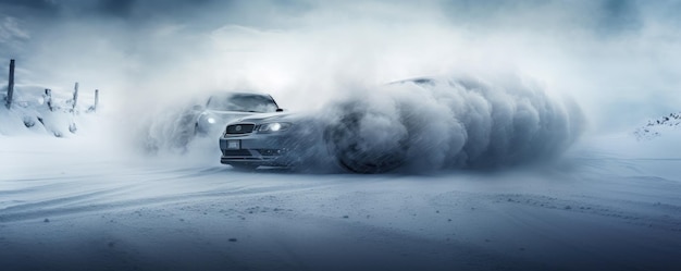 Carro à deriva em estrada molhada de neve com panorama de faixa de fogo de acidente de carro derrapado Generative Ai