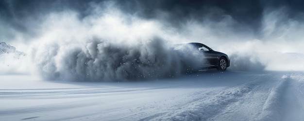 Carro à deriva em estrada molhada de neve com panorama de faixa de fogo de acidente de carro derrapado Generative Ai