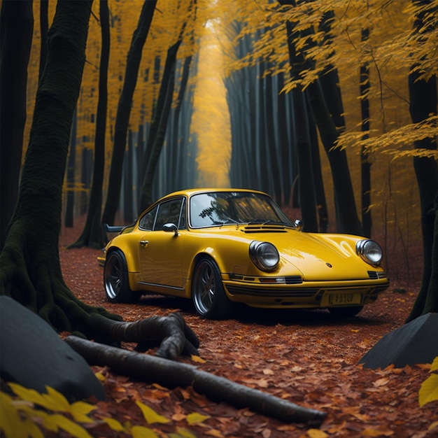 Foto carro amarelo antigo na floresta de outono