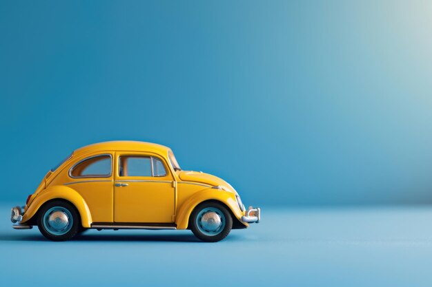 Carro amarelo em miniatura em fundo azul com conceito de férias de verão de espaço de cópia