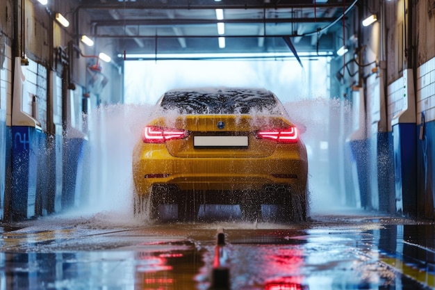 Carro amarelo submetido a lavagem a alta pressão em uma estação de lavagem de carros