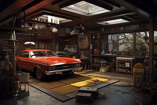 Carro americano clássico na garagem à noite