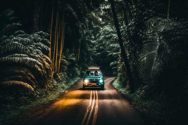 Carro andando na estrada na floresta tropical Ilustração AI Generative