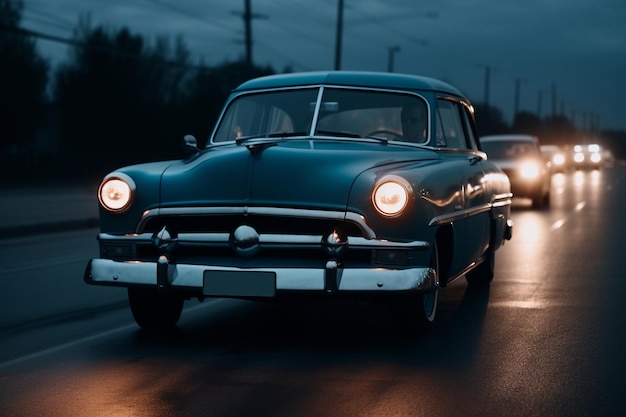 Carro antigo azul cobalto nos faróis da estrada abertos