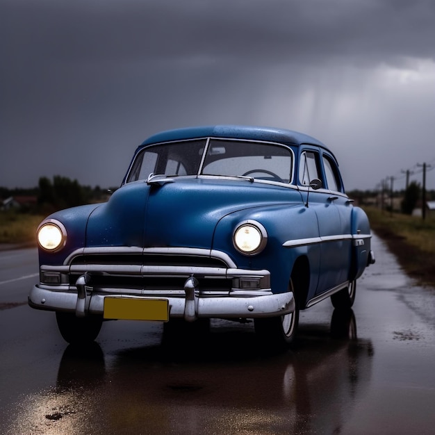 Carro antigo azul cobalto nos faróis da estrada abertos