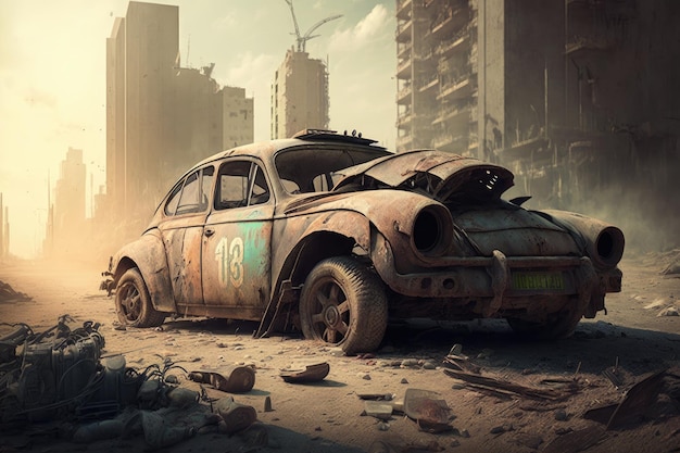 Carro antigo cercado por poeira e detritos na paisagem urbana pós-apocalíptica