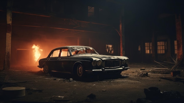 Carro antigo com chamas pretas num armazém abandonado