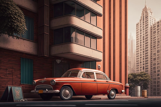 Carro antigo estacionado em uma elegante torre de apartamentos modernos com o horizonte da cidade ao fundo