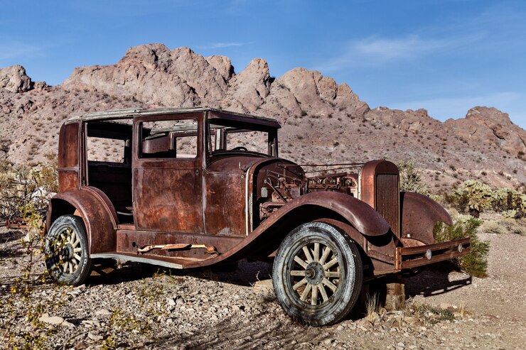 Foto carro antigo no deserto pela montanha nevada eua