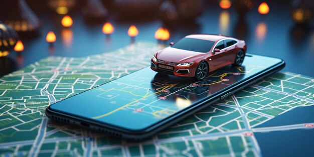 Carro Arafed de navegação de alta tecnologia em smartphone com mapa e cidade alimentado por IA generativa