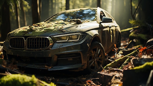 Foto carro arafed na floresta com musgo crescendo no capô generativo ai