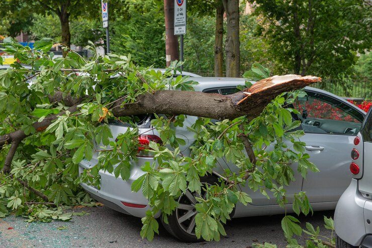 Carro arruinado pela queda de um galho de árvore