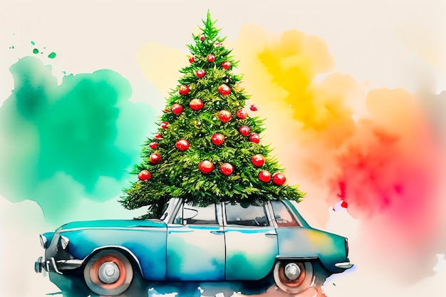 Carro azul com árvore de Natal em cima dirigindo na estrada em cor de água