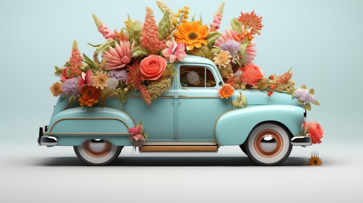 Foto carro azul com flores no topo cartão de saudação de entrega de flores