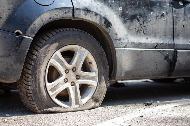 Carro baleado durante a guerra na Ucrânia Um carro de civis com buracos de estilhaços de explosões Acidente de carro Cemitério de carros Vestígios de tiros no corpo O veículo foi danificado após o bombardeio