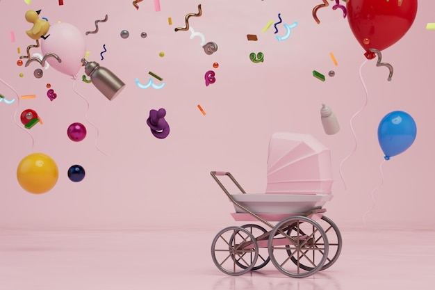 carro de bebé, botellas, confeti, globos de helio multicolores vuelan sobre un fondo pastel.