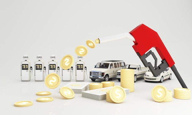 carro branco com estação de reabastecimento de combustível gotejando situação de crise de petróleo alto petróleo caro óleo combustível flui em moeda dólares americanos dinheiro dinheiro em branco fundo isolado ilustração de renderização 3D