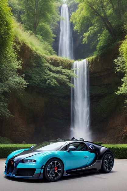 carro bugatti corpo completo mistura de cores CITY fundo cachoeira árvores