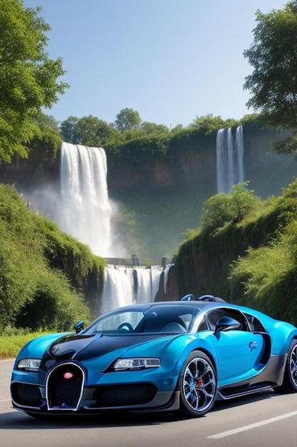 carro bugatti corpo completo mistura de cores CITY fundo cachoeira árvores